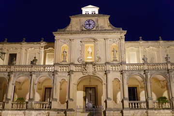 Lecce, Apulia, Italy: historic buildings in the cathedral square by night