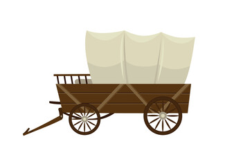 Fototapeta na wymiar Wild west cartoon wagon with tent. Old western carriage icon isolated on white background
