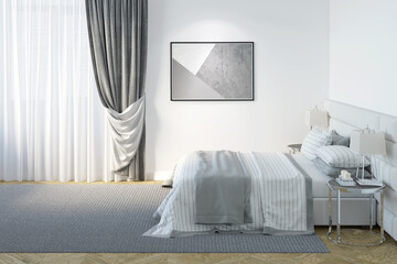 A bright bedroom with an illuminated horizontal poster next to a classic gray curtain, lamps on nightstands on the sides of the bed with striped linens, gray carpet on the parquet floor. 3d render