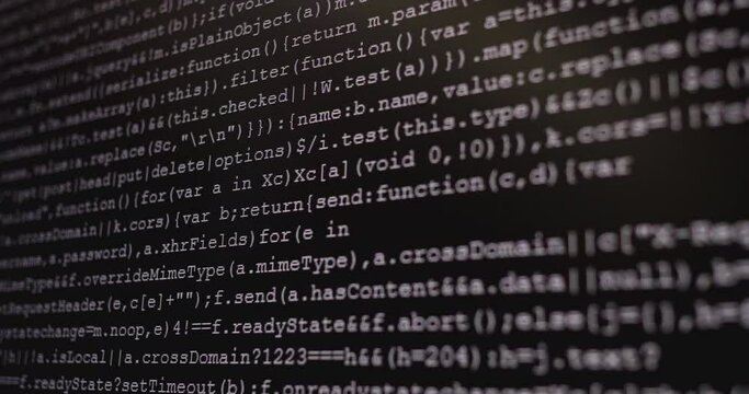 4K Close up shot programming tag code on PC Monitor scroll down. Background concept for programming and coding web development.