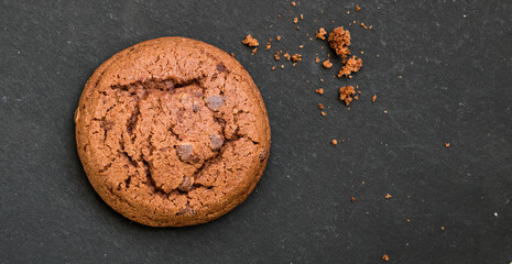 Delicious fresh chocolate cookie with small crumbs lies on a dark background