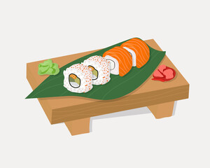Set of traditional Japanese dishes of rolls and sushi with seafood. On a wooden tray. Cartoon vector illustration hand drawing
