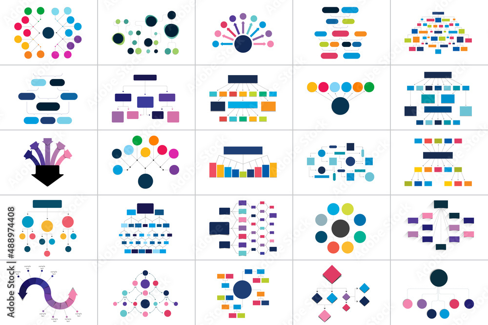 Poster mega set of various flowcharts schemes, diagrams, mind maps. vector infographic.