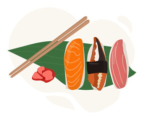 Set of traditional Japanese dishes of rolls and sushi with seafood. Served on a palm leaf. Cartoon vector illustration hand drawing © Ольга Дубровина