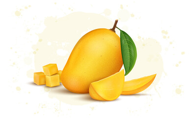 Ripe fresh Mango fruit with Mango slices vector illustration