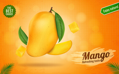 Fresh ripe mango fruit with mango pieces and slices on yellow background