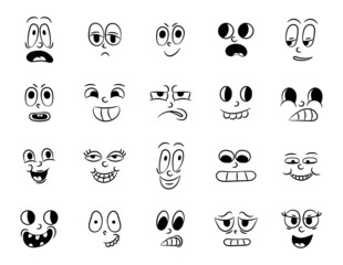 Collection of old retro traditional cartoon animation. Vintage faces of people with different emotions of the 20s 30s. Emoji character expressions 50s 60s. Head faces design elements in comic style