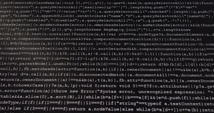 4K Close up shot programming tag code on PC Monitor scroll down. Background concept for programming and coding web development.