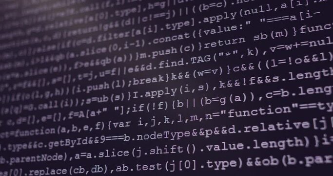 4K Close up shot programming tag code on PC Monitor scroll down. Background concept for programming and coding web development.