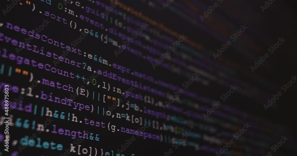 Fototapete 4K Close up shot programming tag code on PC Monitor scroll down. Background concept for programming and coding web development.