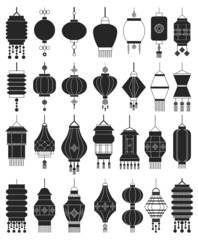 Chinese lantern vector black set icon. Vector illustration asian lamp on white background. Isolated outline set icon chinese lantern. - obrazy, fototapety, plakaty