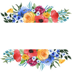 Fall Floral Border, Red, Yellow, Blue, Orange Flowers and Floral elements Geometric Split Frame, Wildflower Free space Border, Watercolor asters, roses, peony, twig, Summer meadow flowers Border