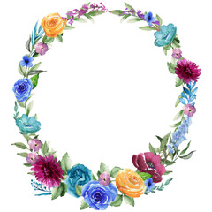 Fototapeta na wymiar Circle Floral Frame, Wildflower wreath, Red, Yellow, Blue, Orange Flowers and Floral elements Round Frame, Watercolor asters, roses, peony, twig, Summer meadow flowers Border, Isolated on white