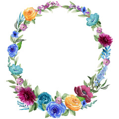 Circle Floral Frame, Wildflower wreath, Red, Yellow, Blue, Orange Flowers and Floral elements Round Frame, Watercolor asters, roses, peony, twig, Summer meadow flowers Border, Isolated on white