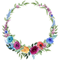 Wildflower wreath, Circle Floral Frame, Red, Yellow, Blue, Orange Flowers and Floral elements Round Frame, Watercolor asters, roses, peony, twig, Summer meadow flowers Border, Isolated on white