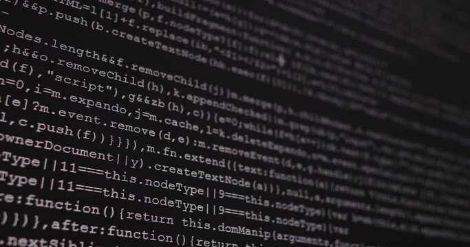 4K Close up shot programming tag code on PC Monitor scroll down. Background concept for programming and coding web development.