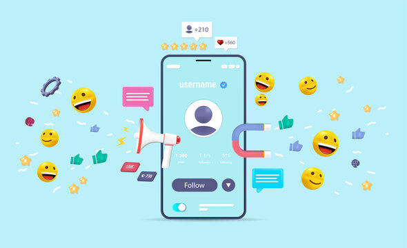 Digital social marketing, 3d illustration of the concept of social communications via mobile app. Smartphone with media symbols - emoji, likes, chat cloud, magnet, mouthpiece. Vector 3D Social network