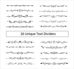 Set of 20 ornate text delimiters, dividers, page bottom decorative borders, fancy vignettes. Hand-drawn elements