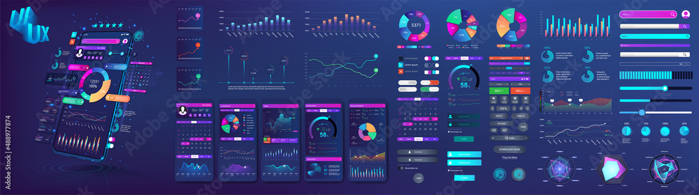 Aufkleber Modern UI, UX, KIT and Web elements set. Infographic, charts, statistic graphics template. Diagram mockup dashboard with chart graphic and infographic. Visualization information UI, UX, KIT. Vector