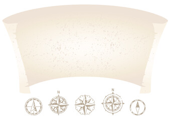 古地図風のリボンフレーム コンパスローズ・方位マーク付き ベクターイラスト 