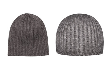 Grey wool knitted hat on a white background.Knitted gray hat without a collar.