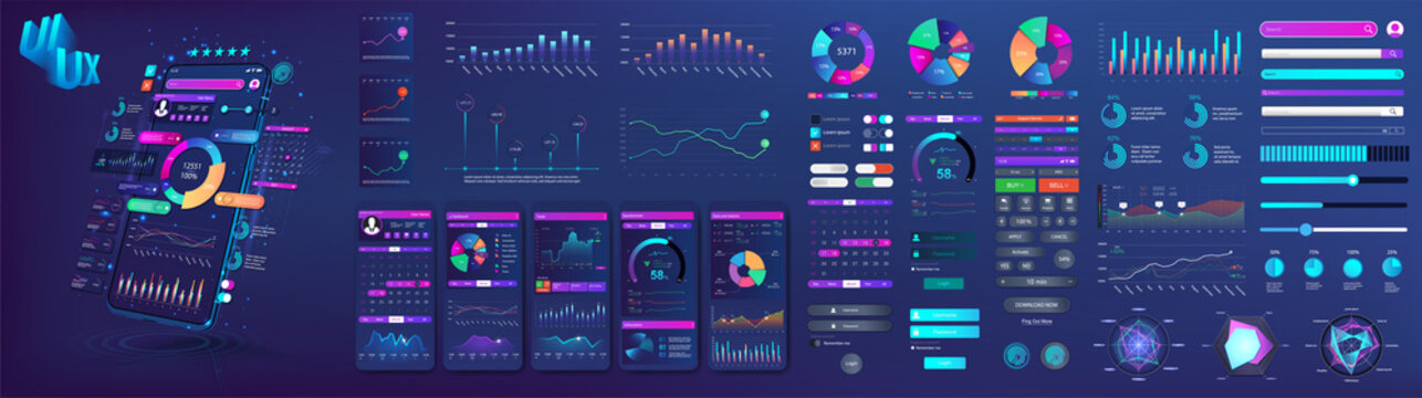 Modern UI, UX, KIT and Web elements set. Infographic, charts, statistic graphics template. Diagram mockup dashboard with chart graphic and infographic. Visualization information UI, UX, KIT. Vector