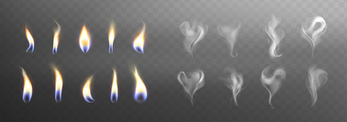 Candle flame lights and smoke steam with hart and swirl shaped collection on dark background. Set of burning fire flames. Vector realistic candlelight element design. © redgreystock