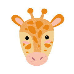 Cute giraffe face character in flat cartoon style. Isolated vector.