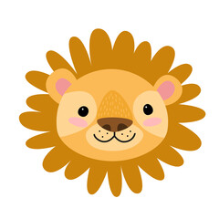 Cute lion face character in flat cartoon style. Isolated vector.