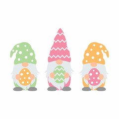 Cute gnomes hold colorful eggs in Easter. Isolated on background.
