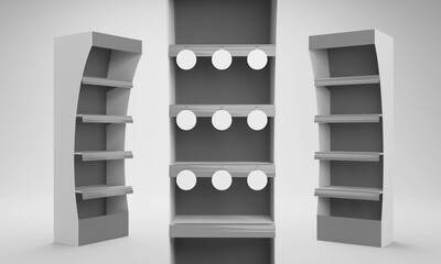Supermarket POS Cardboard Floor Display Rack, Blank Empty Advertisement Stand Mock Up, 3D rendering