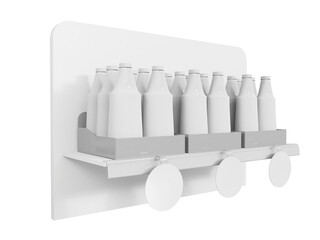 Small shelf with circle wobblers and bottles, product display 3d mockup