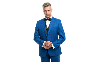 mature man in bow tie blue suit. businessman isolated on white. leader in tux formal wear