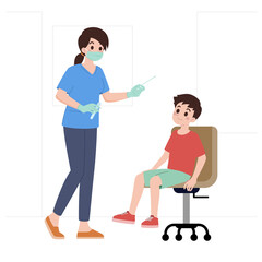 A doctor or nurse is about to do a nose swab test for a patient who comes to the hospital to check for a coronavirus infection. Cartoon character health concept isolated on white background.