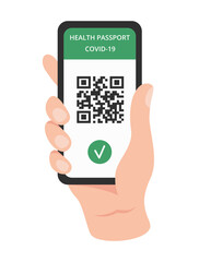 A hand is holding a smartphone with Health passport for Covid-19. Coronavirus Immune passport, vaccination status certificate, QR code vector illustration. Flat design.