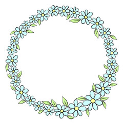 Vector hand drawn circle frame, border, wreath from color small flowers in doodle style. Cute simple primitive background, decoration for invitation, greeting card, wedding