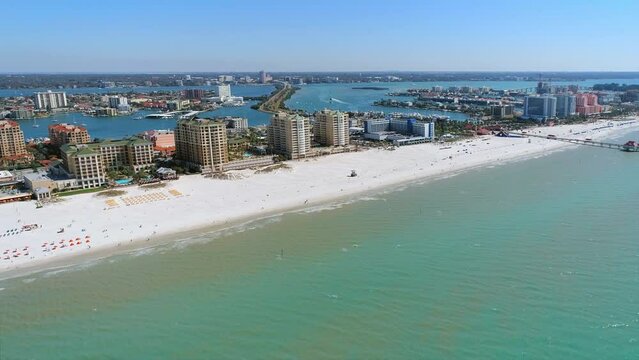 Drone view of hotels and condos along Clearwater Beach in Florida