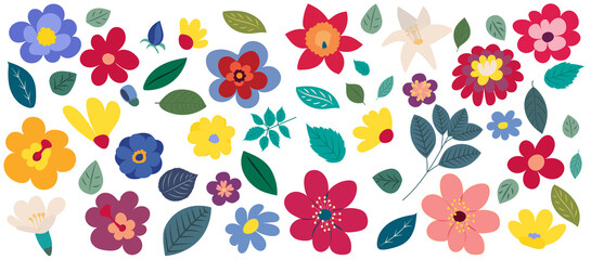 flowers, leaves set cartoon flat design , isolated vector