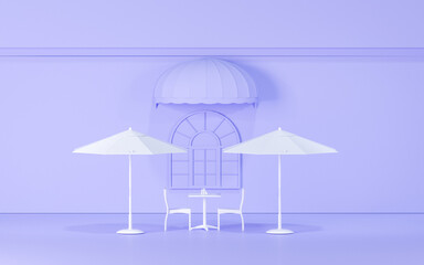 Exterior of outdoor cafe with pastel purple color. Front of classical style commercial. Coffee shop has blank sign, table and chairs in very peri background. 3D render for studio and picture
