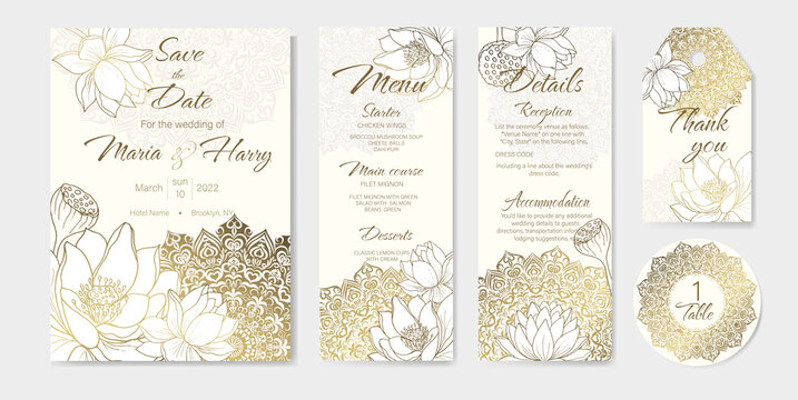 Golden lotus pattern for floral Wedding card, Save the date, Thank you, Menu postcard. Invitations design template with Mandala and lotus. 