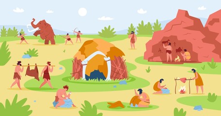 Obraz na płótnie Canvas Primitive people life scene, stone age characters lifestyle. Prehistoric men hunting mammoth, caveman cooking food vector illustration. Primitive prehistoric caveman and tribe