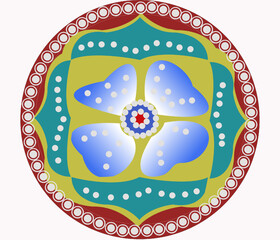 A complex pattern of blue gradient leaves, white circles, with the addition of turquoise color on a red background with a yellow outline