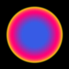 Rainboww projector lamp with blue, pink and yellow light on black background. Glow neon blurred gradient effect circle overlay