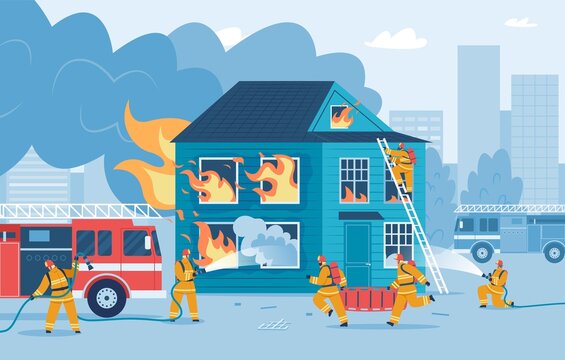 Firefighters putting out house fire, firemen try to extinguish flames. Fireman in uniform using firehose, burning building vector illustration. Rescue emergency by fireman