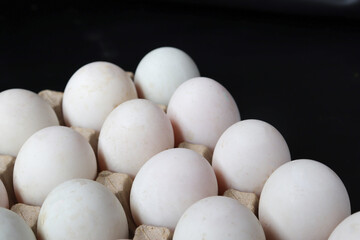 Close up of Eggs white in paper tray on black background