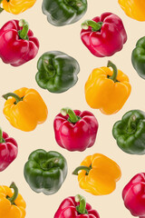 yellow red and green pepper on a wallpaper background.