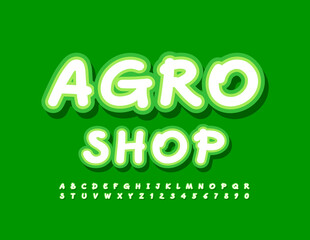 Vector bright Banner Agro Shop. White and Green Font. Creative Alphabet Letters and Numbers