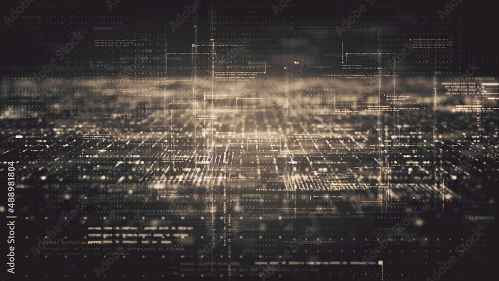 Poster Futuristic cryptocurrency blockchain simulation of cryptographic hash mining concept, performing analytic computational. Head Up Display background