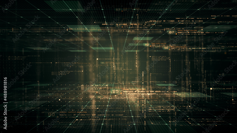 Fototapete Futuristic cryptocurrency blockchain simulation of cryptographic hash mining concept, performing analytic computational. Head Up Display background