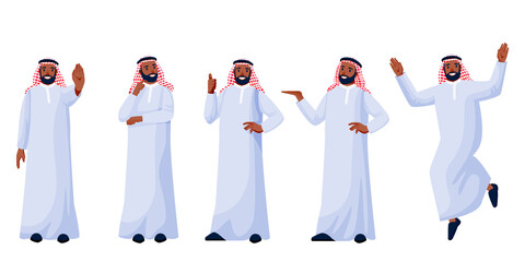 Arab young happy men in traditional clothing in different poses. Arabic muslim male characters set. Vector illustration